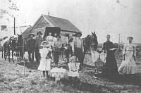  This picture is the old Cordell, Oklahoma homestead of Henry Andrew Lewis Speed (1852-1917) and his wife Lucy Florence Abbott (1864-1923). From left to right are unknown young male, to his left is Edward Lewis Speed, unknown young female, Mable Speed (both in carriage), Charles Griffin Speed (with hands folded), Henry Lewis Speed (standing next to horse), Lucy Florence Abbott Speed (holding the open bible), unknown female friend, and in the foreground, Bulah Speed (standing and holding the doll) and Esther Speed (seated).